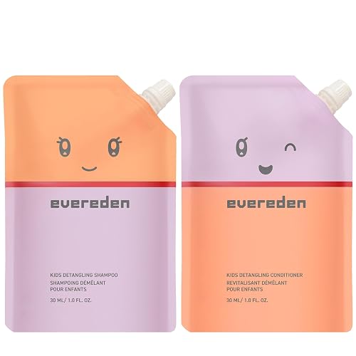 Evereden Kids Mini Haircare Set: Travel Size Hair Detangling Shampoo 1fl.oz & Conditioner 1fl.oz for Children Ages 3+, Plant Protein Peptides & Argan