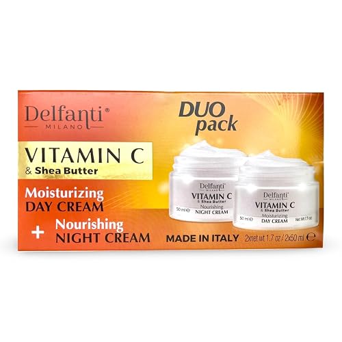 Delfanti-Milano • VITAMIN C & SHEA BUTTER• DUO pack • Day + Night Creams • Face, Neck Décolleté Moisturizing and Nourishing Cream for renewed