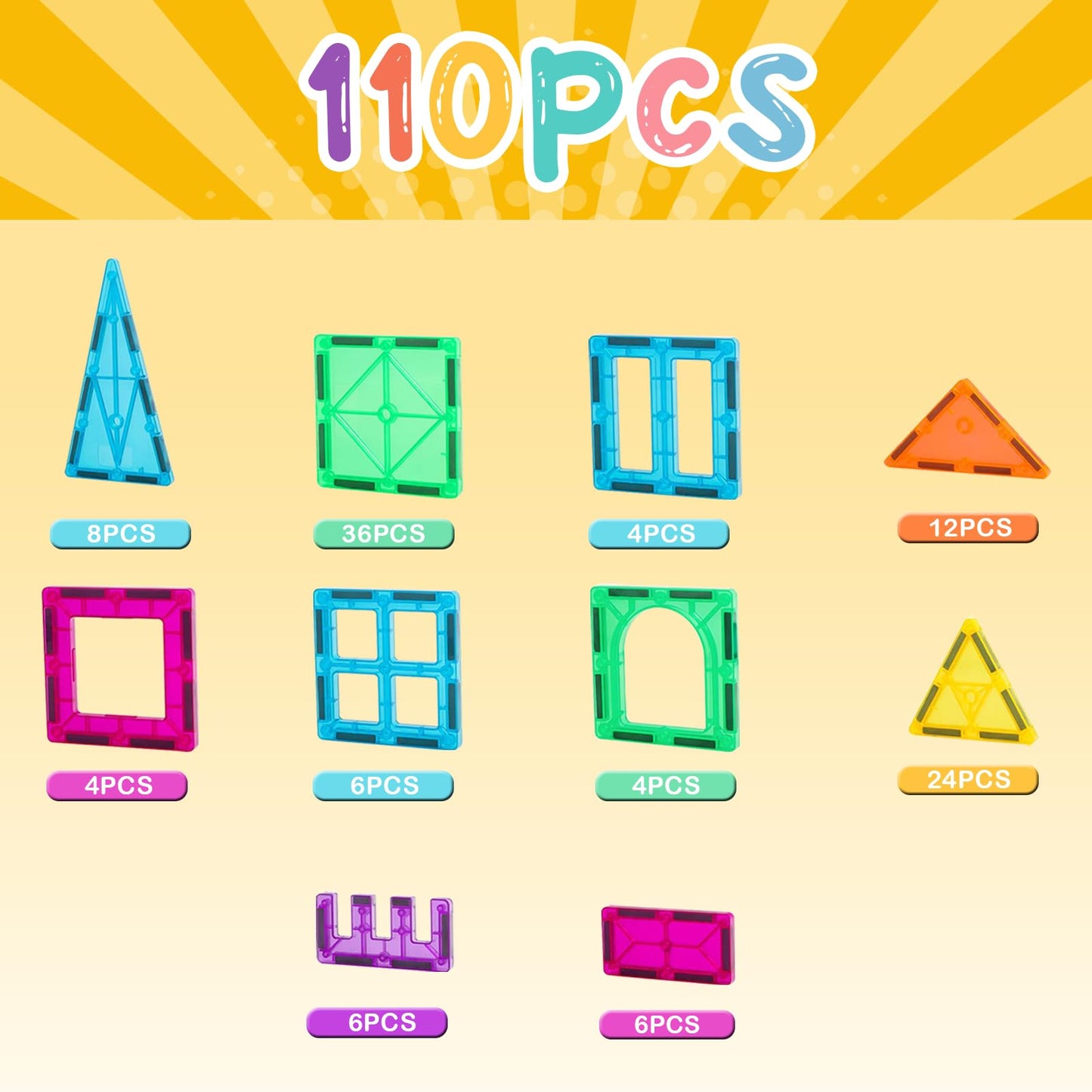 FNJO Magnetic Tiles 110pcs – Magnet Building Blocks Set, STEM Construction Toys for Kids, Montessori Preschool Learning & Classroom Play