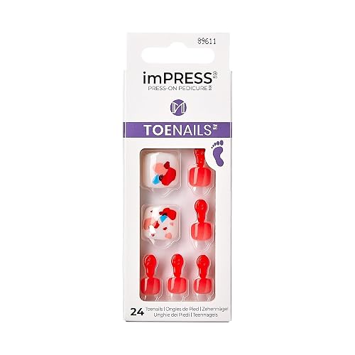 KISS Impress No Glue Pedi Press-On Toenails, Ruby, Red, White, Squoval Shape, Includes 24 Nails, Prep Pad, 1 Manicure Stick, 1 Mini File Beauty & Personal Care KISS