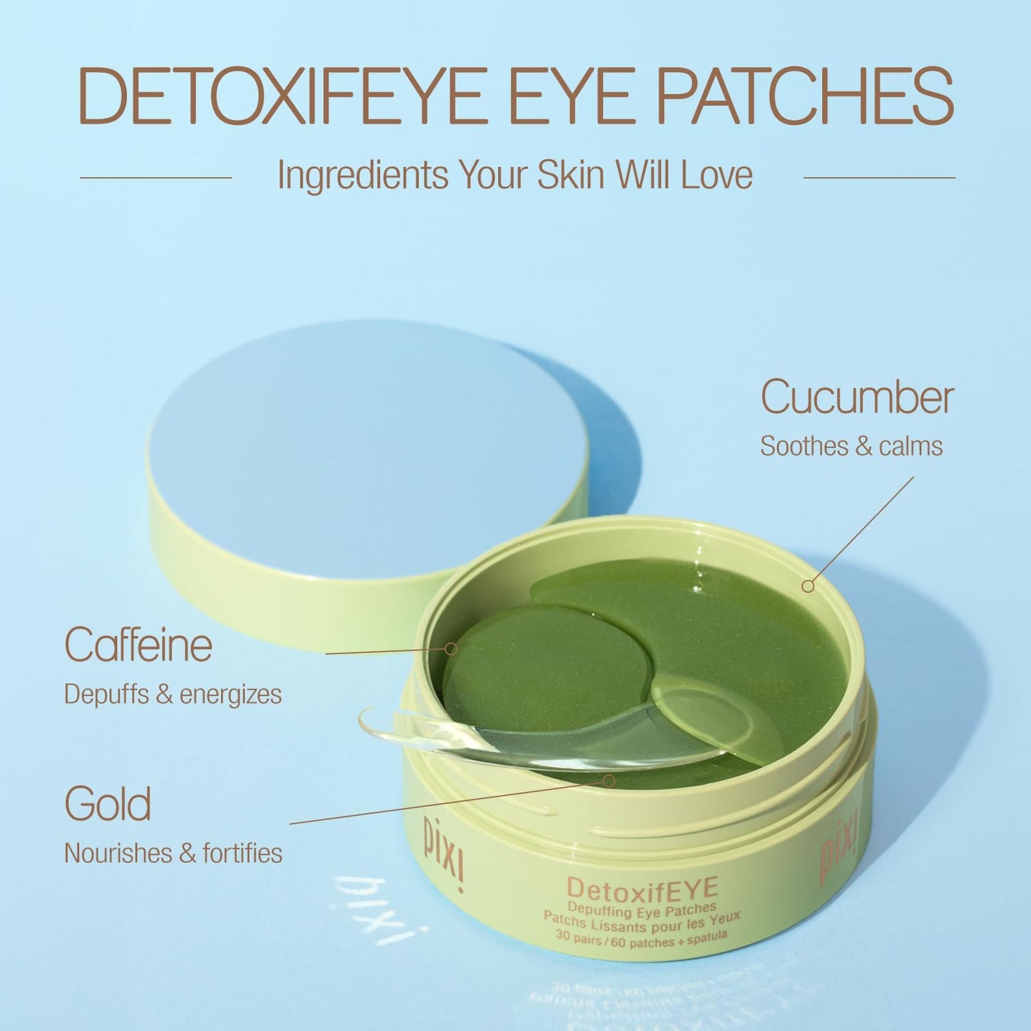 Pixi DetoxifEYE Depuffing Hydrogel Eye Patches with Cucumber, Hyaluronic Acid & Caffeine for Puffy Eyes and Dark Circles | Treats Tired Eyes
