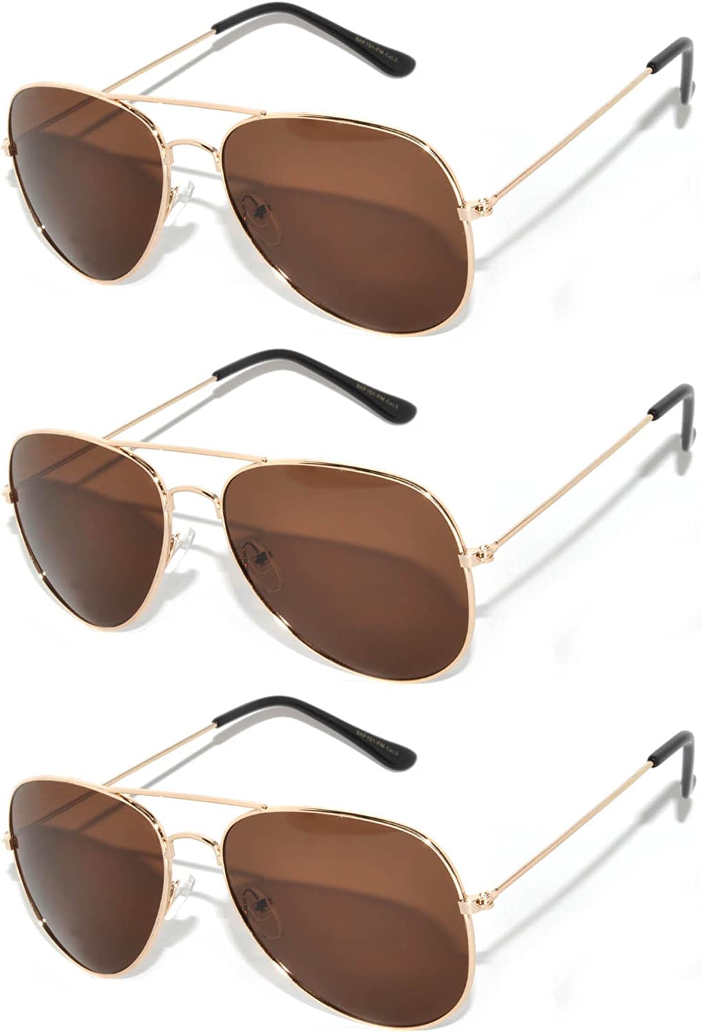 3 pairs Classic Aviator Style Sunglasses Metal Frame Gold Color Brown Lens 3 Pack