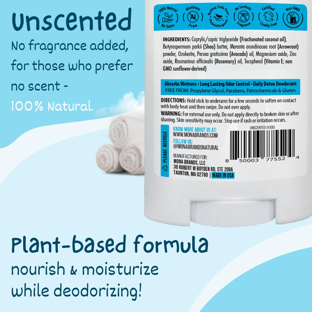 MONA UNSCENTED 100% Natural Deodorant for Kids, Preteens & Teens - Clean Beauty Award Winner - No Baking Soda, Synthetic Scents or Aluminum - Safe Beauty and Personal Care MONA