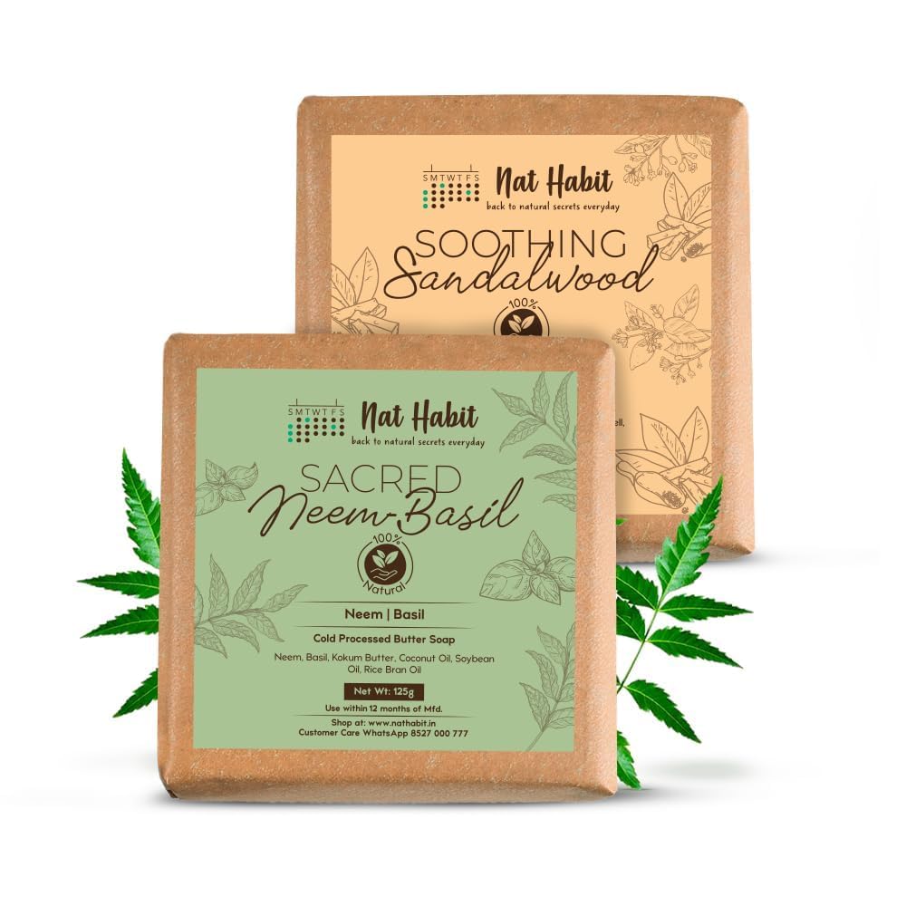 SENTA Soothing Sandalwood & Sacred Neem-Basil Butter Bath Soap Anti-Bacterial With Ayurvedic Cold Processed For Body Acne & Pimples (125g x 2, Combo)