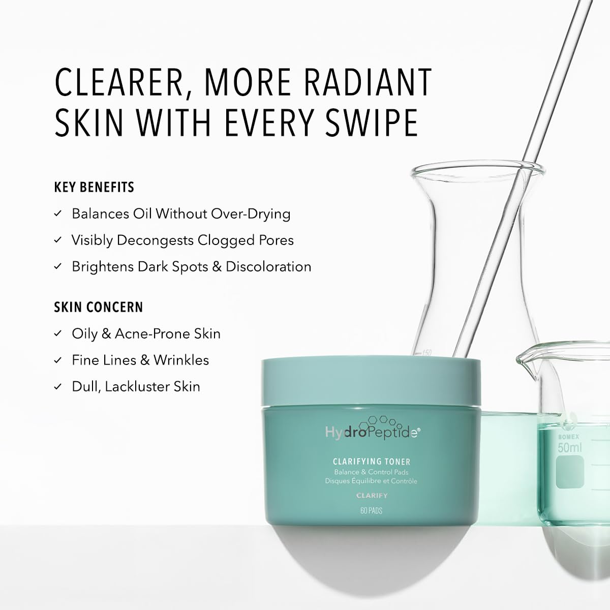 HydroPeptide Clarifying Toner Pads with Peptides for Balance & Control, (60 Pads)