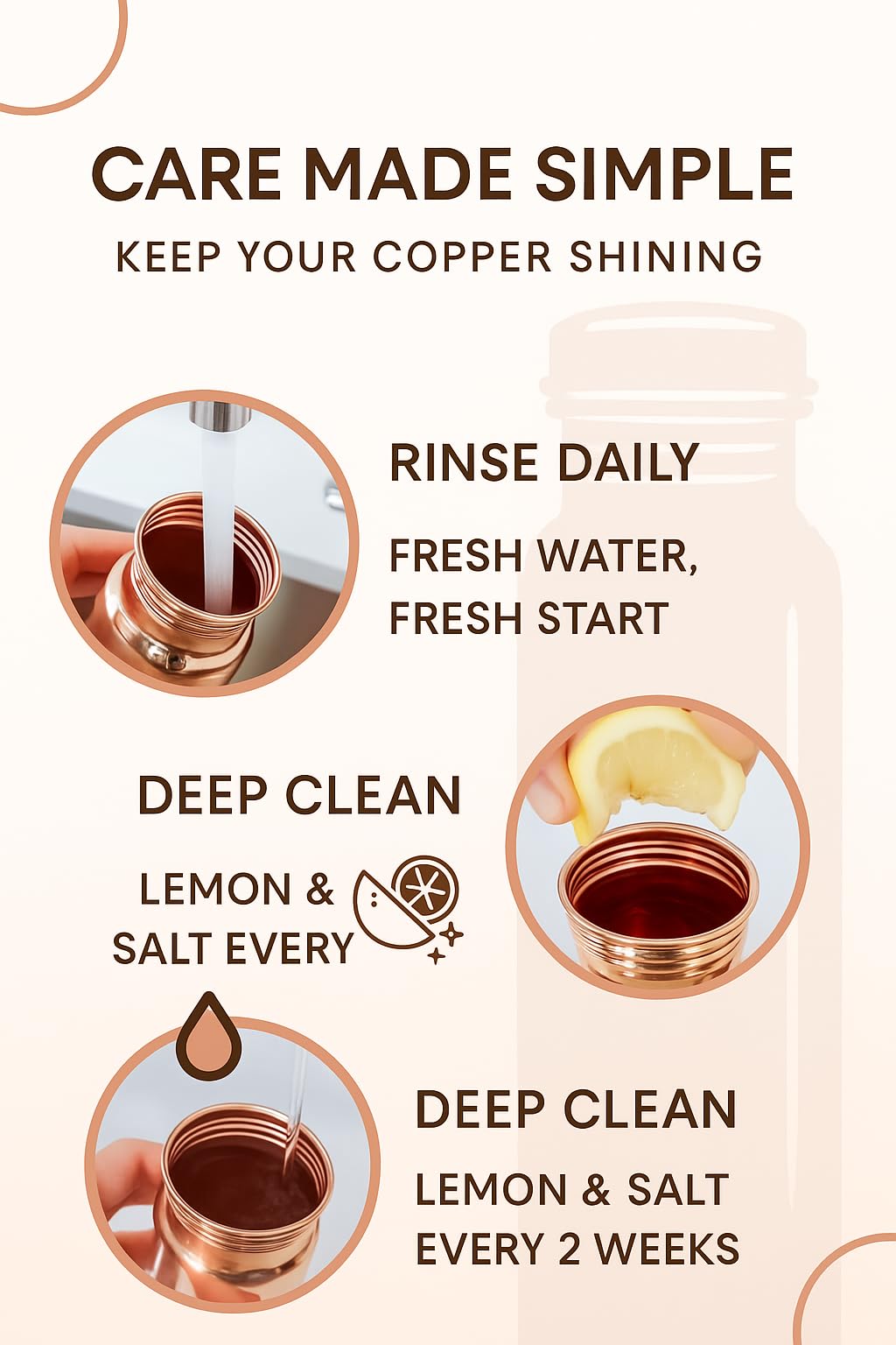 Copper Water Bottle 32oz (11” Tall x 3” Diameter) - 100% Pure Copper, Leak-Proof Cap, Handcrafted Ayurvedic Drinking Vessel for Daily Hydration