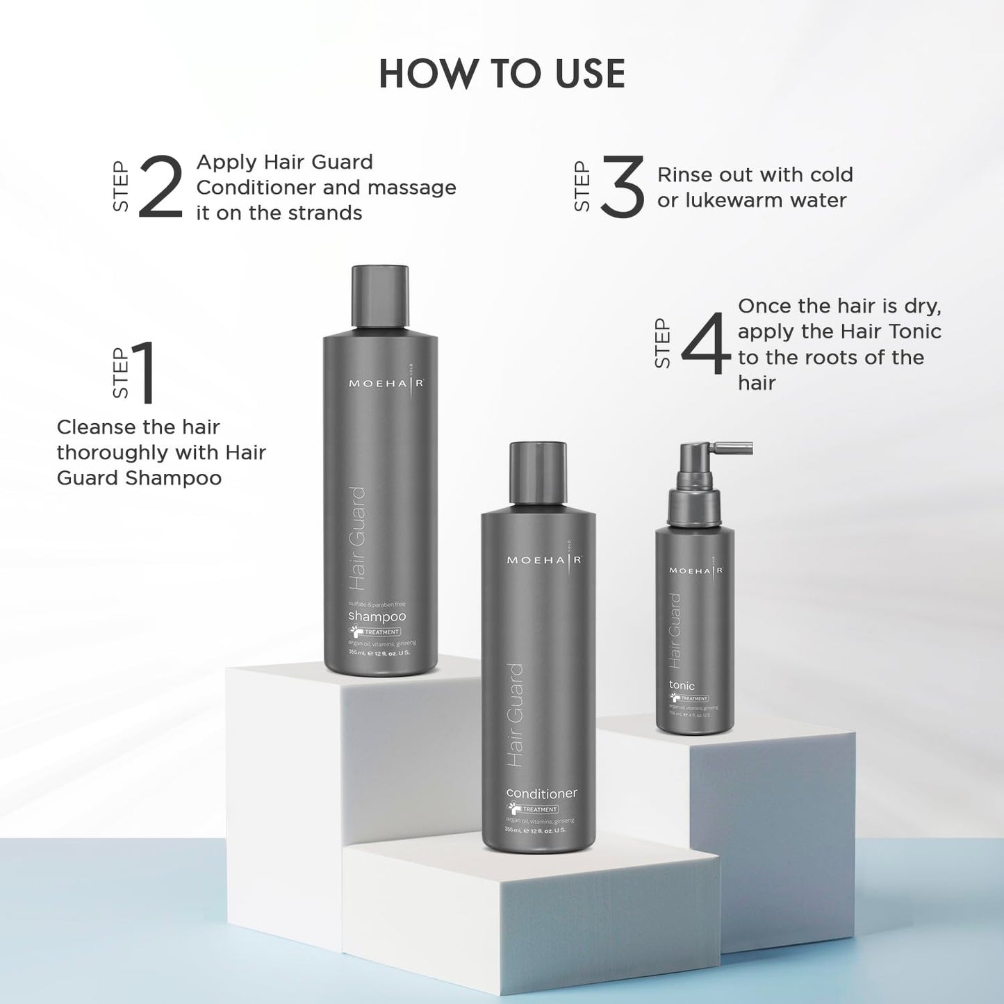 MOEHAIR Hair Care Set (12 Fl. Oz) - Shampoo, Conditioner, and Tonic for All Hair Types - Non-Toxic, Cruelty-Free, Sulfate and Paraben Free - Boosts