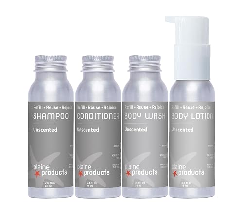 Plaine Products Eco-Friendly Travel Size Shampoo, Conditioner, Body Wash and Body Lotion - Unscented - Paraben/Sulfate/Phthalate Free, Refillable