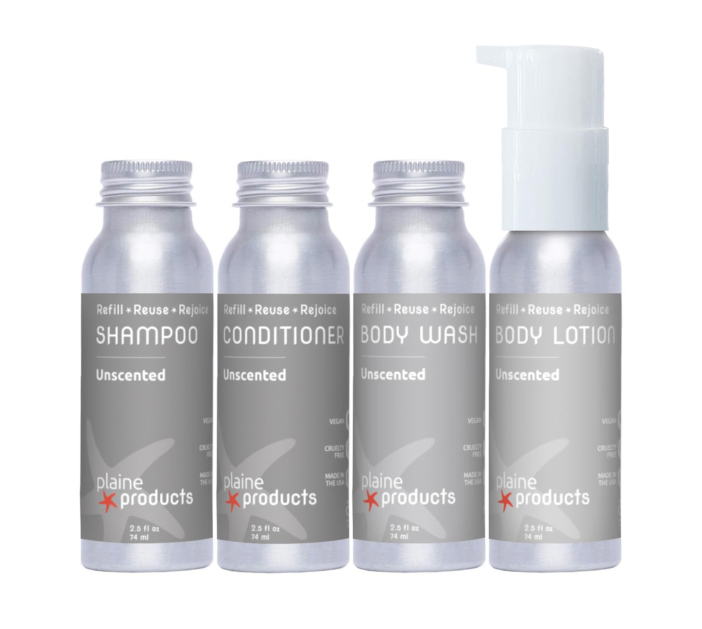 Plaine Products Eco-Friendly Travel Size Shampoo, Conditioner, Body Wash and Body Lotion - Unscented - Paraben/Sulfate/Phthalate Free, Refillable