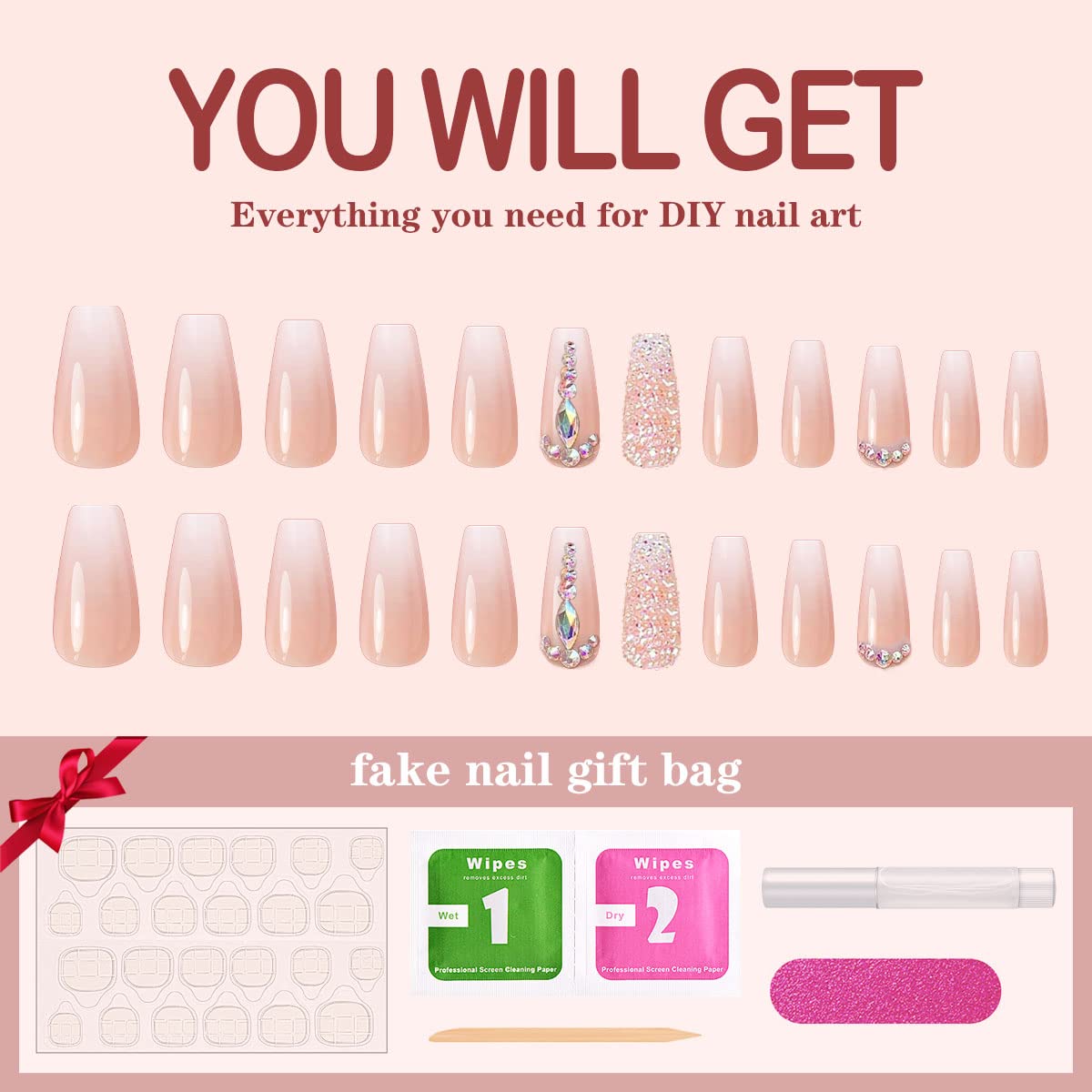 Yivaiks 24 Pcs Advanced Hand Made Customization Press on Nails, Luxurious Rhinestone Design Ballerina Fake Nails?Perfect Accessory for Banquets