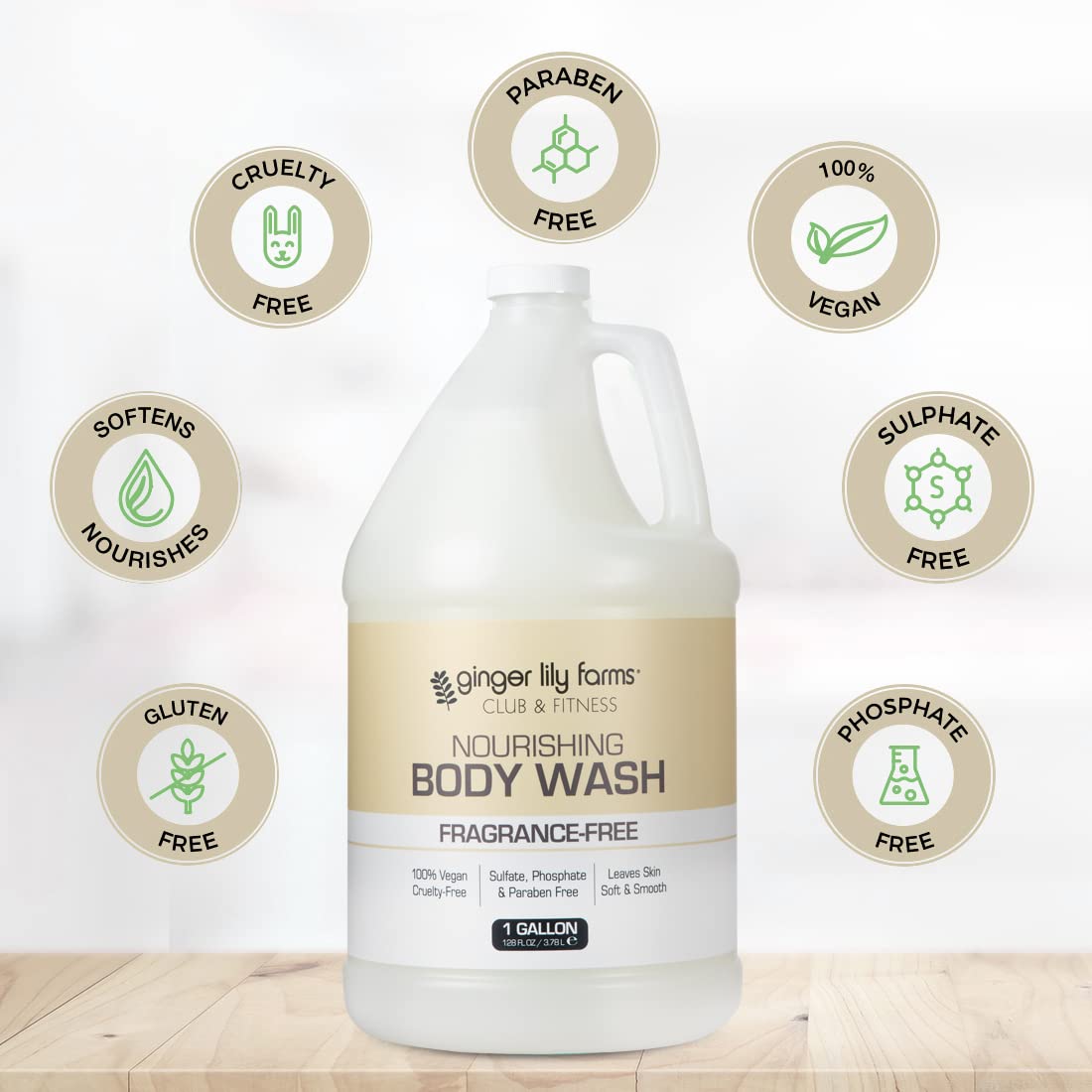 Ginger Lily Farms Club & Fitness Nourishing Body Wash, 100% Vegan & Cruelty-Free, Bath & Shower Gel for Men and Women, Fragrance Free, 1 Gallon (128