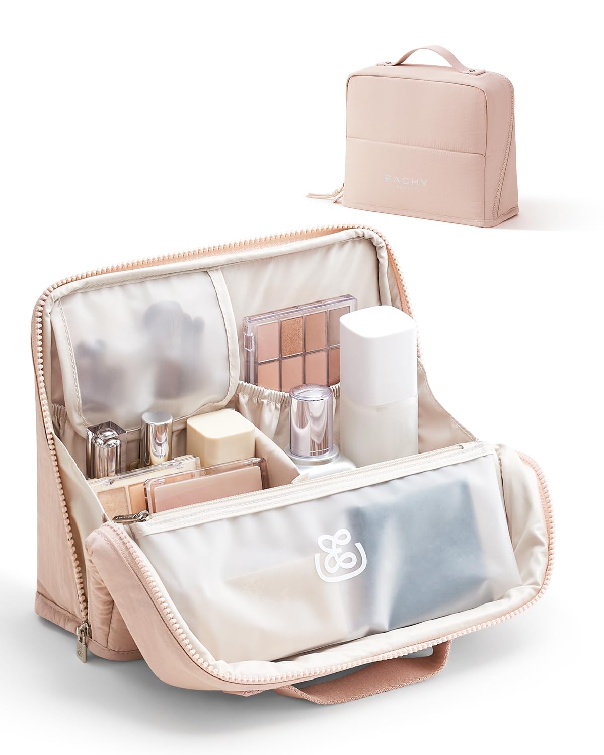 EACHY Standing Makeup Bag - Large Waterproof Cosmetic Bag & Toiletry Bag Organizer with Phone Holder, Detachable Dividers, Wipe-Clean Brush Pouch Beauty and Personal Care EACHY