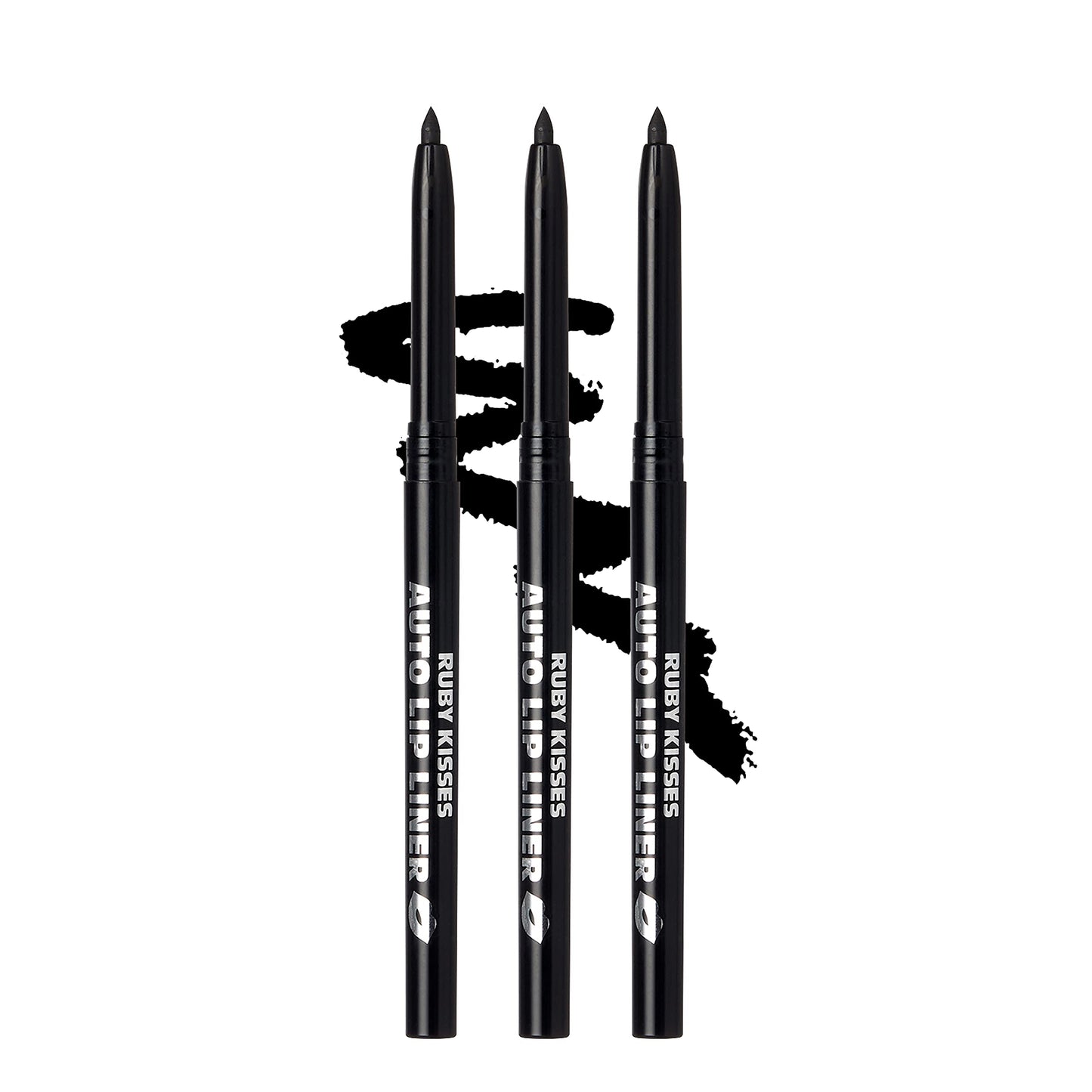 Ruby Kisses Auto Lip Liner Pencil (Black 3 Pack), Long Lasting & Non-Fading, Smooth Application, Non-Feathering with Rich Pigmented Color, No