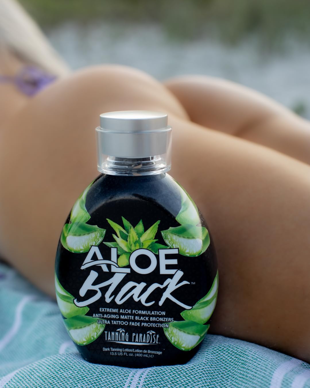 Tanning Paradise Aloe Black Lotion - Anti-Aging Matte Black Bronzer, Anti-Orange, Tattoo & Color Fade Protection, Deep Hydration, Matte Blackest