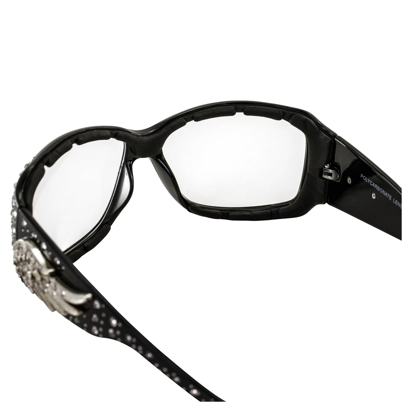 Rodeo Queen Angel Padded Motorcycle Bling Sunglasses for Women Black Frame w/Bling Rhinestones & Smoke Gradient Lens