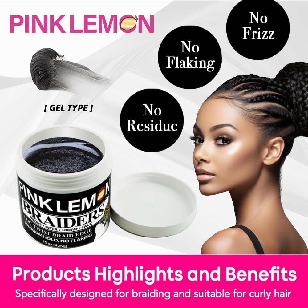 PINK LEMON Braiding Gel (5 oz) - Maximum Hold, No Flaking, Long Lasting Hold, High Shine. For Micro, Inter, Dread, Faux, Loc, Twist, Braid, Edge.
