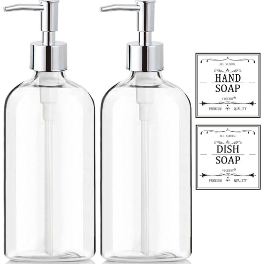 Clear Soap Dispenser with Rust Proof Pump, Waterproof Labels (2 Pack,16 Oz), Plastic Hand Soap Dish Soap Dispenser for Kitchen Bathroom