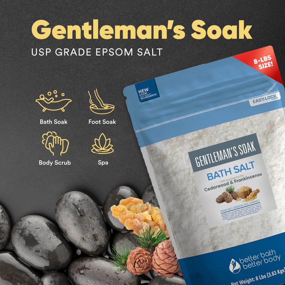 Gentleman's Bath Salt 128 Ounces Epsom Salt with Natural Cedarwood, Frankincense, Eucalyptus and Peppermint Essential Oils Plus Vitamin C in BPA Free