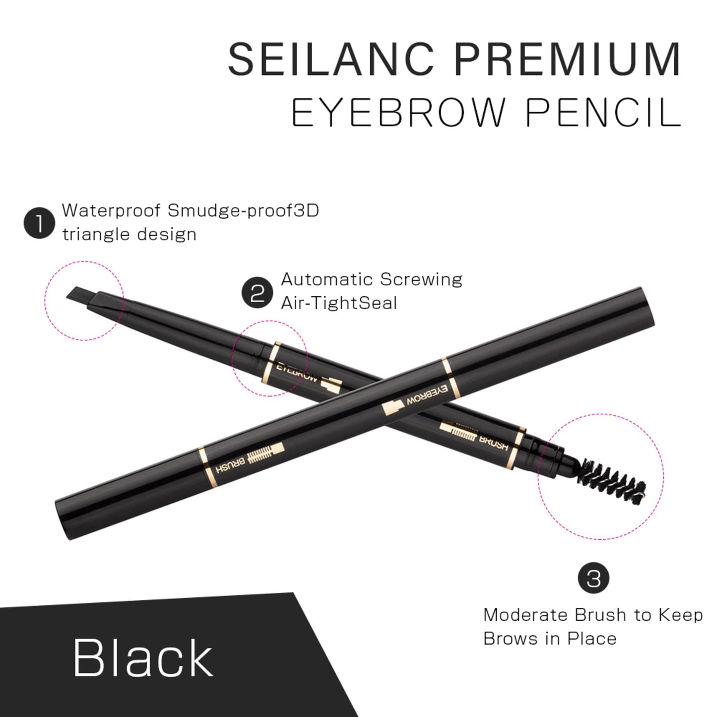 Eyebrow Pencil 2 Packs, Waterproof Smudge-Proof Brow Pencil with Brow Brush, Automatic Eye Brow Makeup Kit, Black