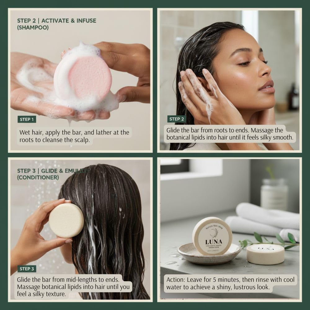 Nature Skin Shop Luna Collagen & Biotin Shampoo and Conditioner Set - Strengthening & Volumizing Solid Hair Care Duo for Fine, Thinning & Weak Hair