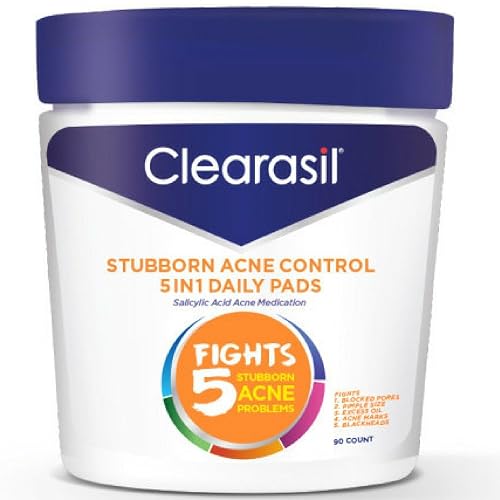 Clearasil Stubborn Acne Control 5in1 Daily Facial Cleansing Pads, 90 Count (Packaging May Vary) (Pack of 8)
