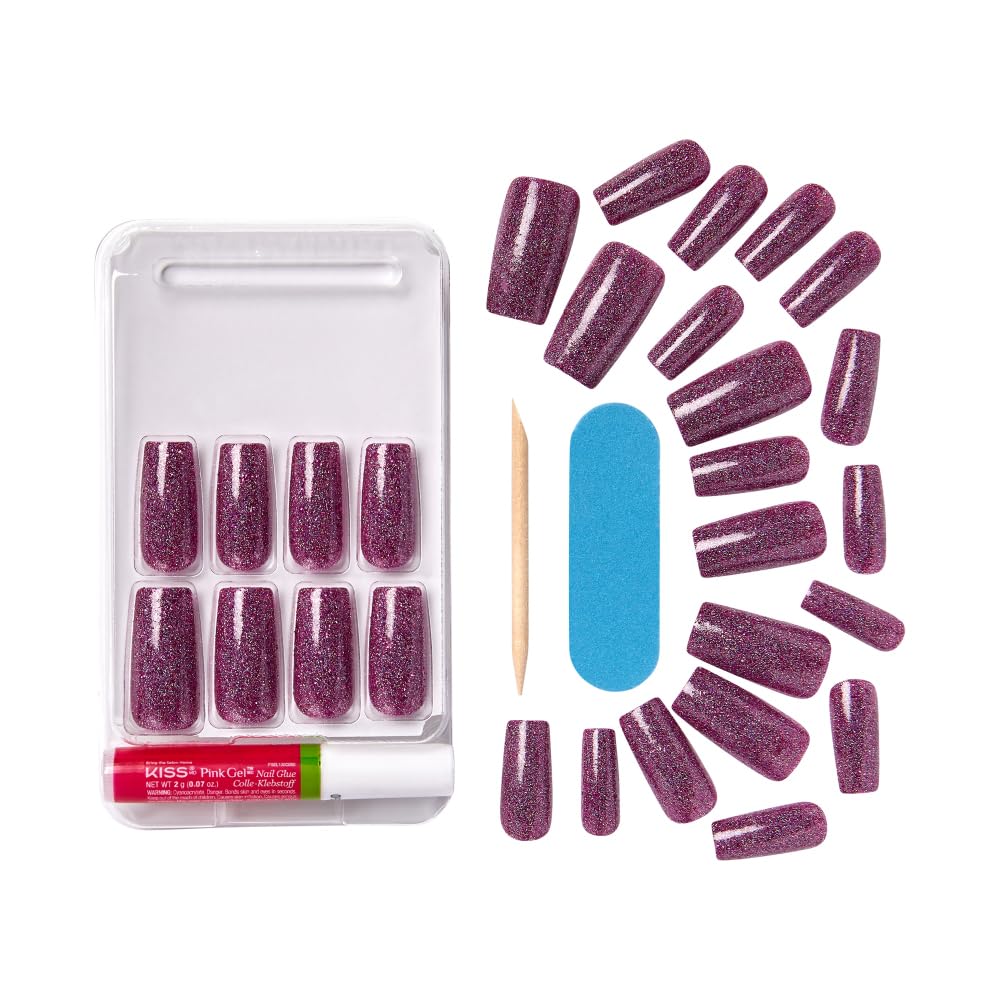 KISS False Nails Kit, Dreamdust Ready to Wear Gel Sculpted Nails, Stick and Glue Included, Long Length, Square Shape with Glitter Effect, Long-Lasting Beauty & Personal Care KISS