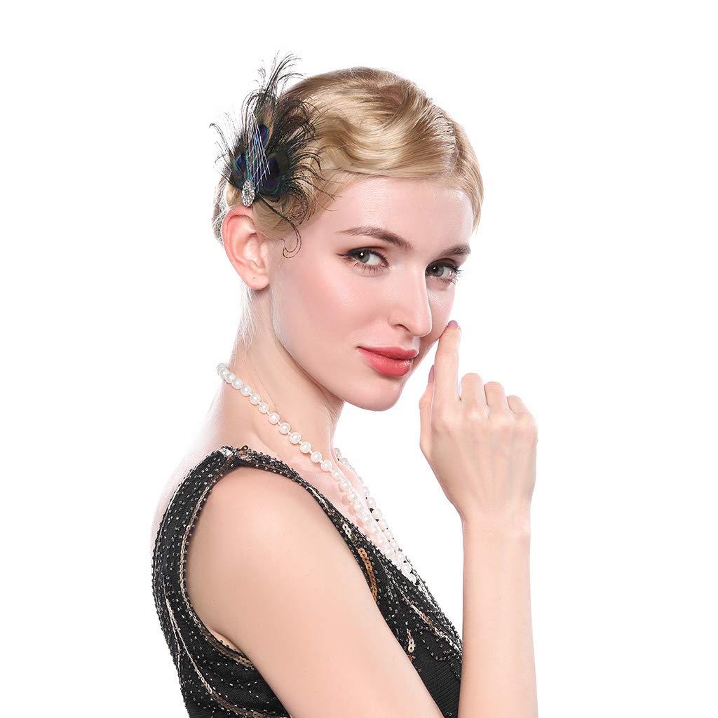 Aimimier 1920s Flapper Peacock Feather Hair Clip Crystal Hair Piece Vintage Roaring 20s Prom Party Festival Hair Accessories for Women