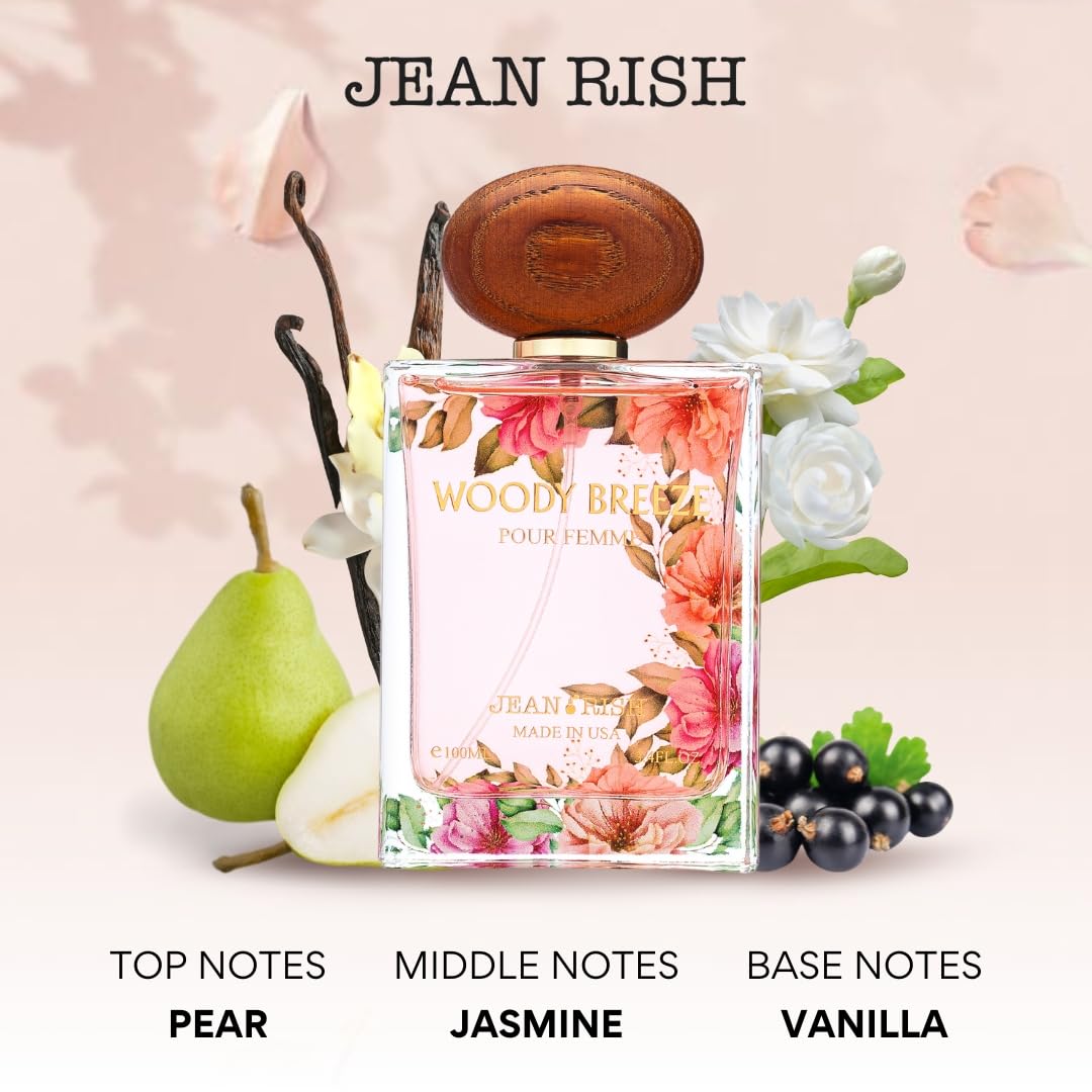 Jean Rish Woody Breeze Perfume for Women Eau De Parfum, Long-Lasting Luxury Fragrance, Made In USA - Pear, Jasmine, Iris, Vanilla, Patchouli Scent -