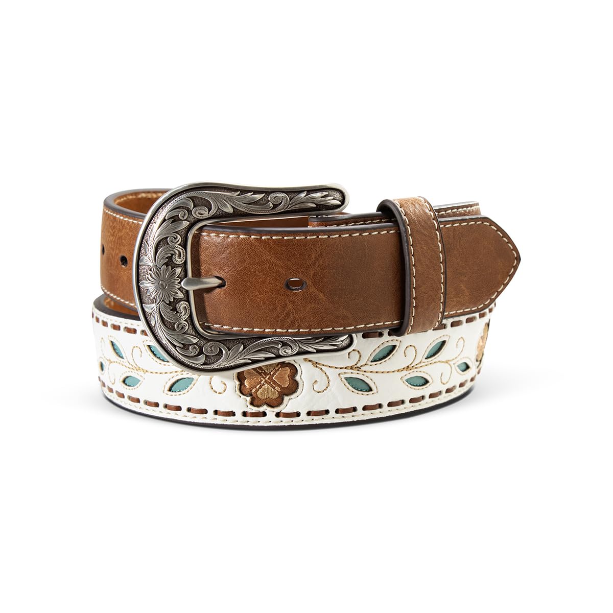 ARIAT Women's Filigree Flower and Leaf Embroidered Belt, White, Large
