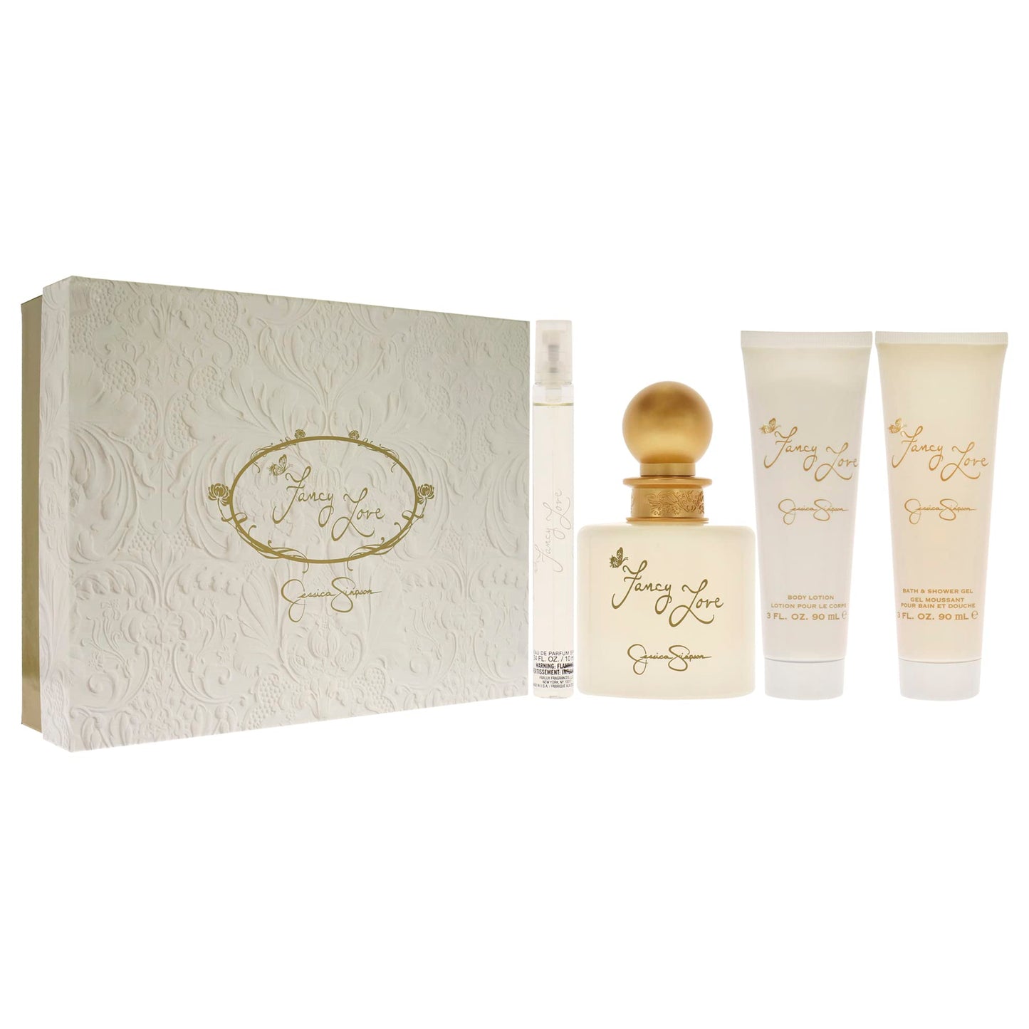 Fancy Love by Jessica Simpson for Women - 4 Pc Gift Set 3.4oz EDP Spray, 0.34oz EDP Mini Spray, 3oz Body Lotion, 3oz Bath & Shower Crème