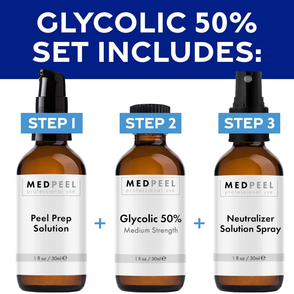 MedPeel Glycolic Acid 50% Essential Peel Kit – 3 Pc Set with Peel, Prep & Neutralizer | Medium Strength Face Peel for Wrinkles & Dark Spots, 1 oz