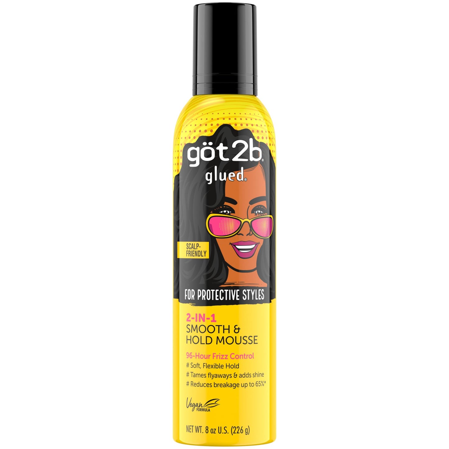Got2b Glued 2-in-1 Smooth & Hold Hair Mousse, 8 Fl Oz, 96 Hour Frizz Control & Soft Flexible Hold for Wigs, Braids and Curls, No Stickiness