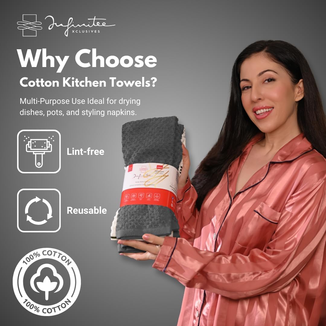 Infinitee Xclusives 100% Cotton Kitchen Towels – 15x25” Ultra Soft, Super Absorbent Terry Dish Towels, Grey