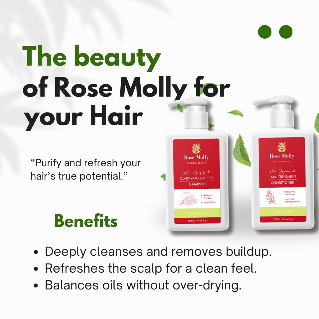 Rose Molly White Grapefruit Clarifying & Detox Shampoo, 1 Min Treatment Conditioner Set, 9.46 fl oz