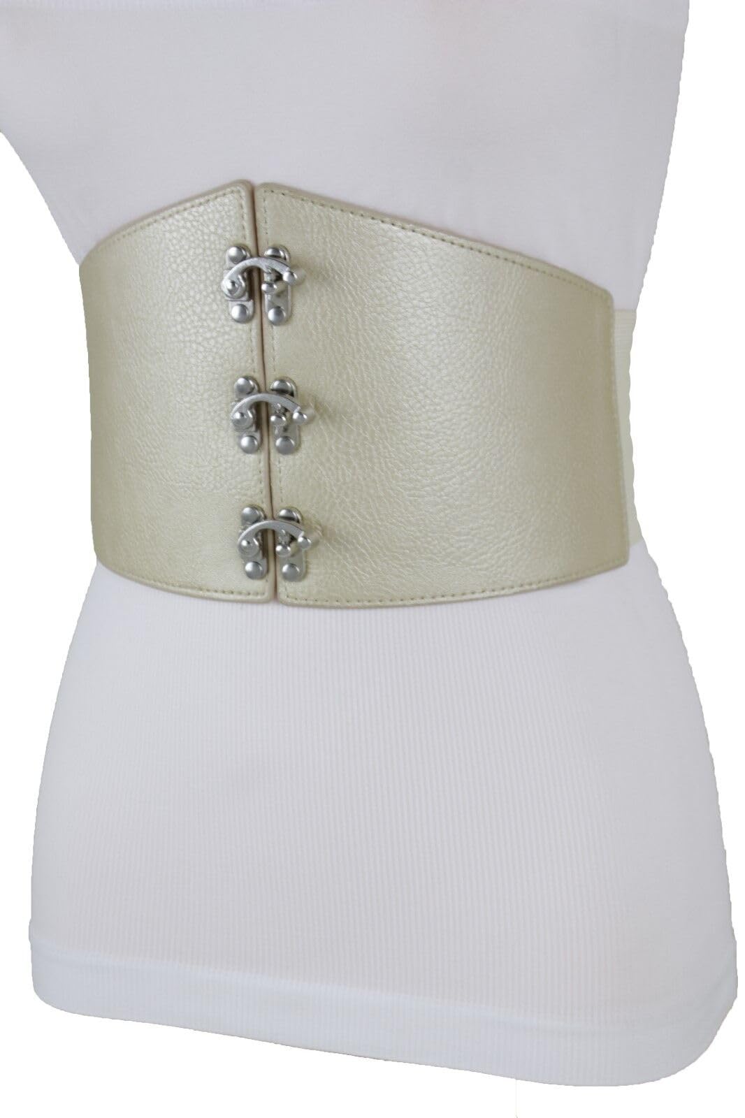 Women Elastic Waistband Wide Champagne Beige Corset Fashion Belt Silver Hook Plus Size L XL
