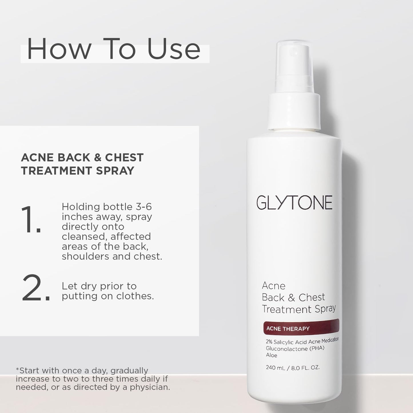 Glytone Chest & Back Acne Treatment Spray - 2% BHA Salicylic Acid with Gluconolactone - Body Acne Treatment for Bacne & Blackheads - Quick-Dry