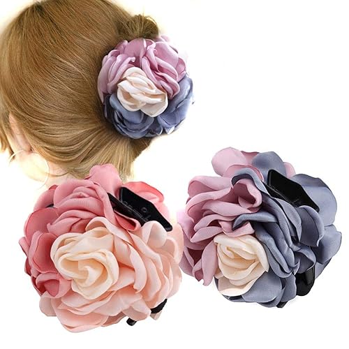 2PCS Sweet Large Rose Flower Hair Claws Beauty Ribbon Bow Hair Clips Headwear Hair Jewelry for Women Accessories (Pink + Pink blue)