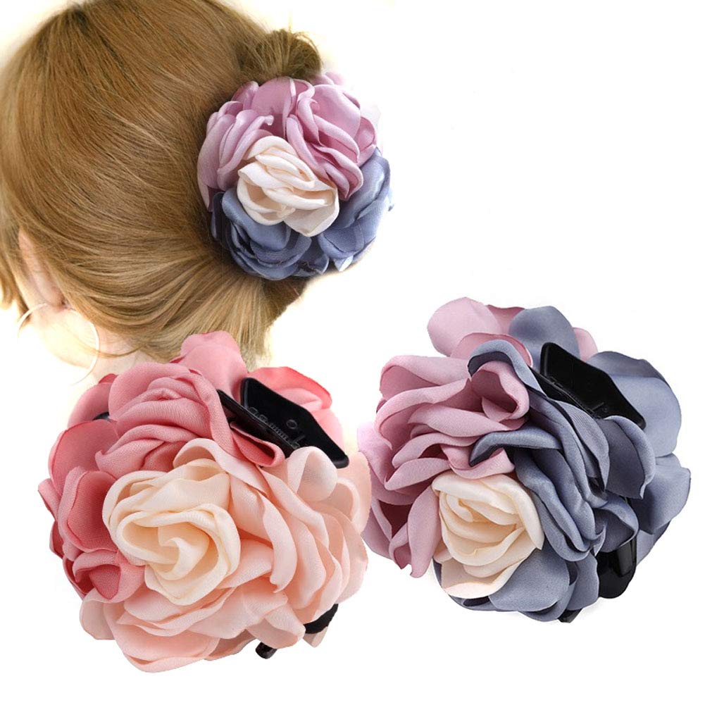 2PCS Sweet Large Rose Flower Hair Claws Beauty Ribbon Bow Hair Clips Headwear Hair Jewelry for Women Accessories (Pink + Pink blue)