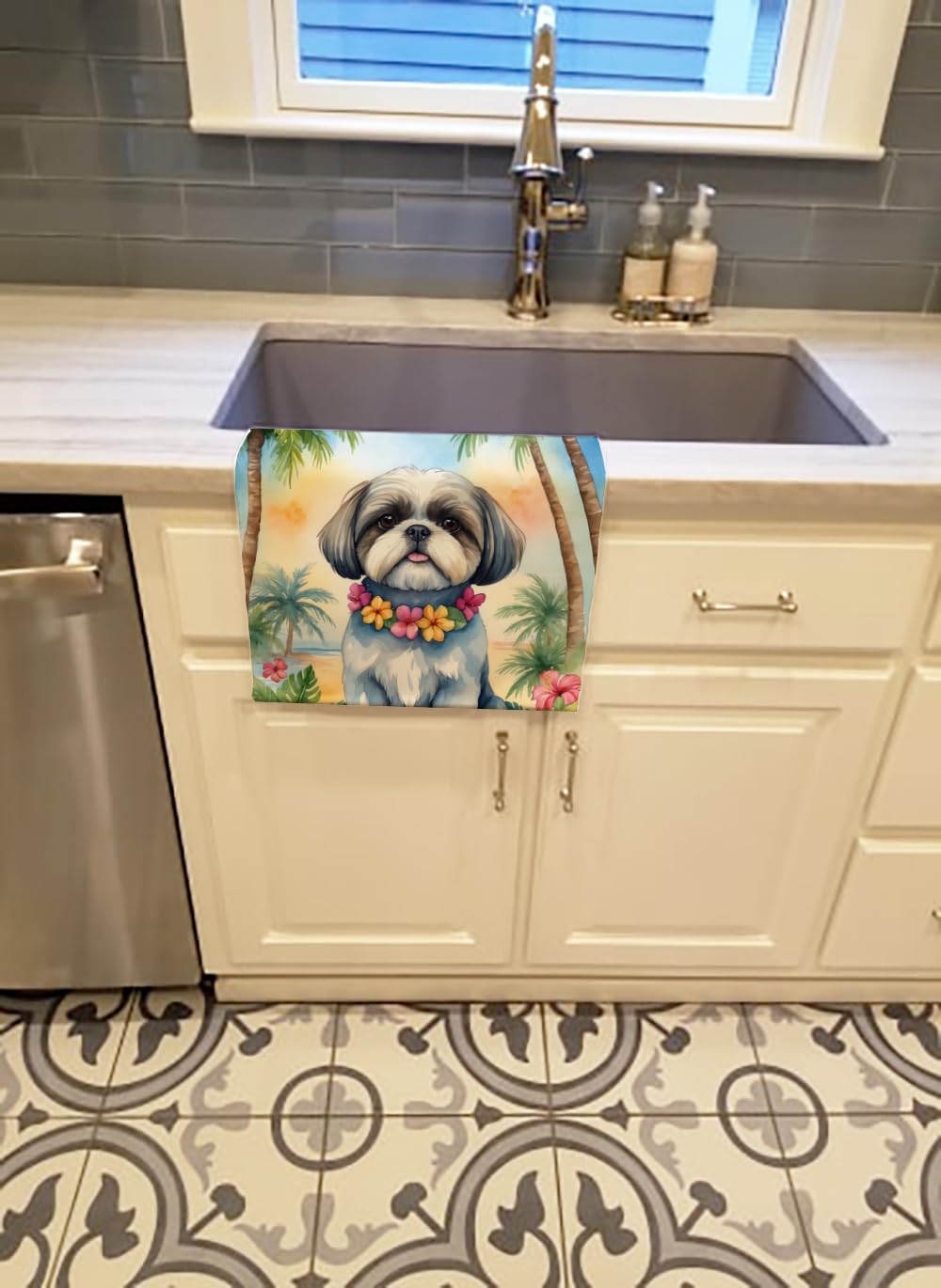 Caroline's Treasures Shih Tzu Luau Kitchen Towel Dish Cloths Guest Hand Towel Decorative Bathroom Towel for Face,Tea, Dishcloth, Kitchen and Bath