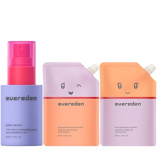 Evereden Kids Mini Hair Trio Set: Travel Size Hair Shampoo, Conditioner and Detangling Spray for Kids Ages 3+, Plant Protein Peptides & Argan Oil