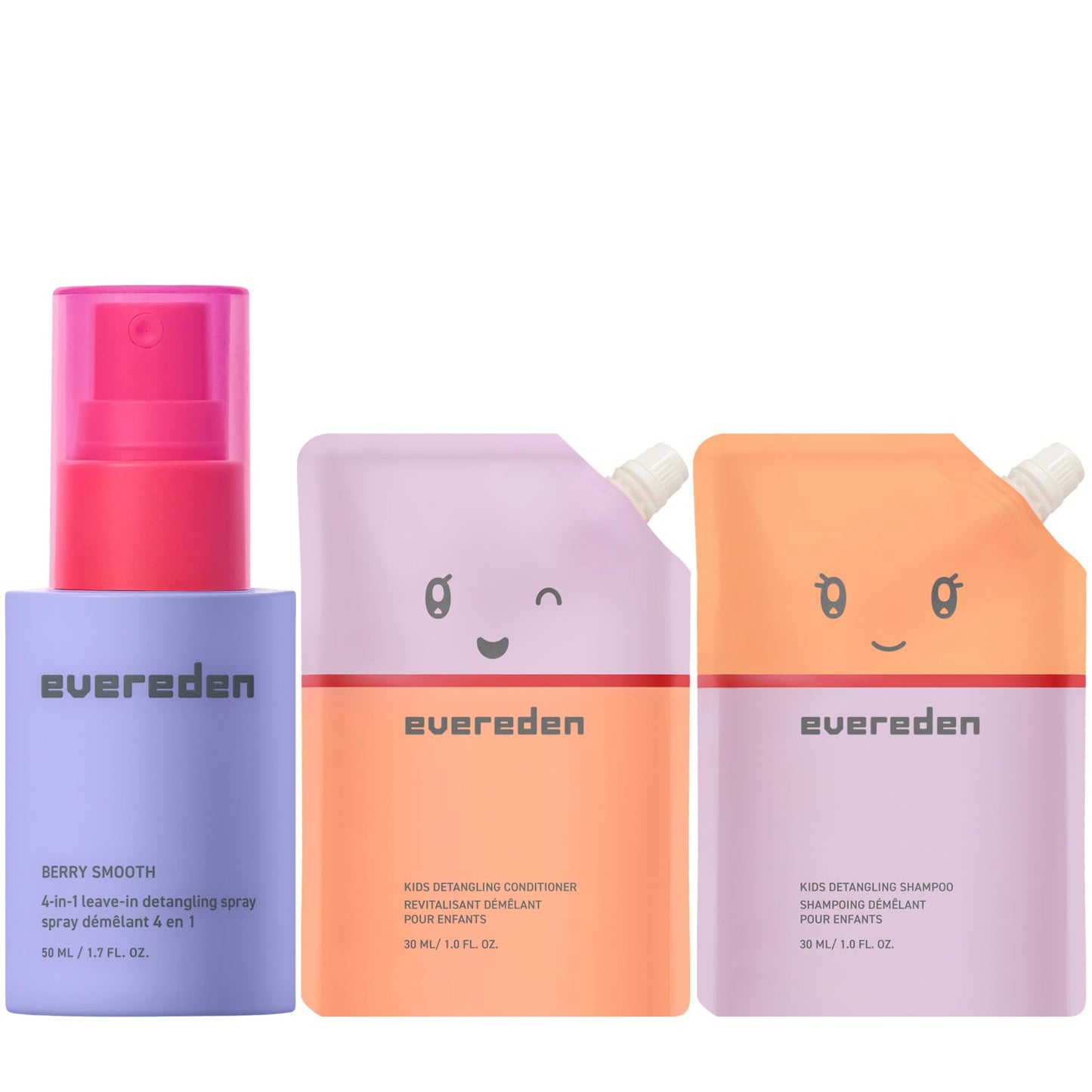 Evereden Kids Mini Hair Trio Set: Travel Size Hair Shampoo, Conditioner and Detangling Spray for Kids Ages 3+, Plant Protein Peptides & Argan Oil