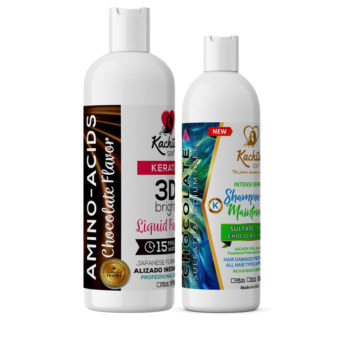 Kit Brazilian Keratin 3D IMPROVED FORMULA Treatment Hair Straighteners Hight Bright Kachita Spell + Maintenance Shampoo Conditioner