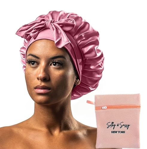 Silky & Sassy Large Satin Bonnet With Laundry Bag - Double Layer Silk Sleep Cap for Women, Curly Hair - Adjustable Tie Band - Pink