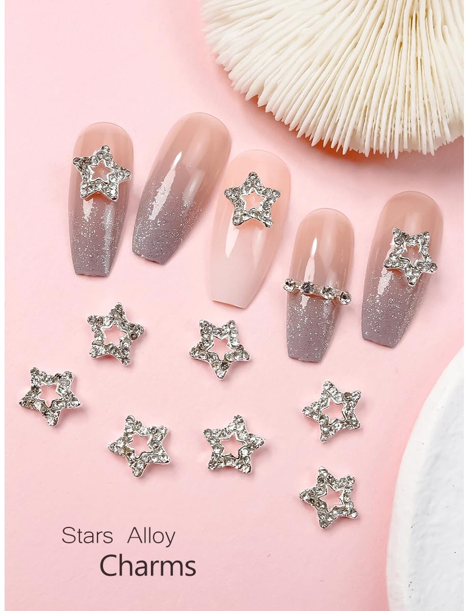 qiipii 32Pcs Star Nail Charms for Acrylic Nails 3D Silver Dangle Stars Nail Rhinestones Gems Jewels Pentagram Cute Crystal Diamond Alloy Studs Nail