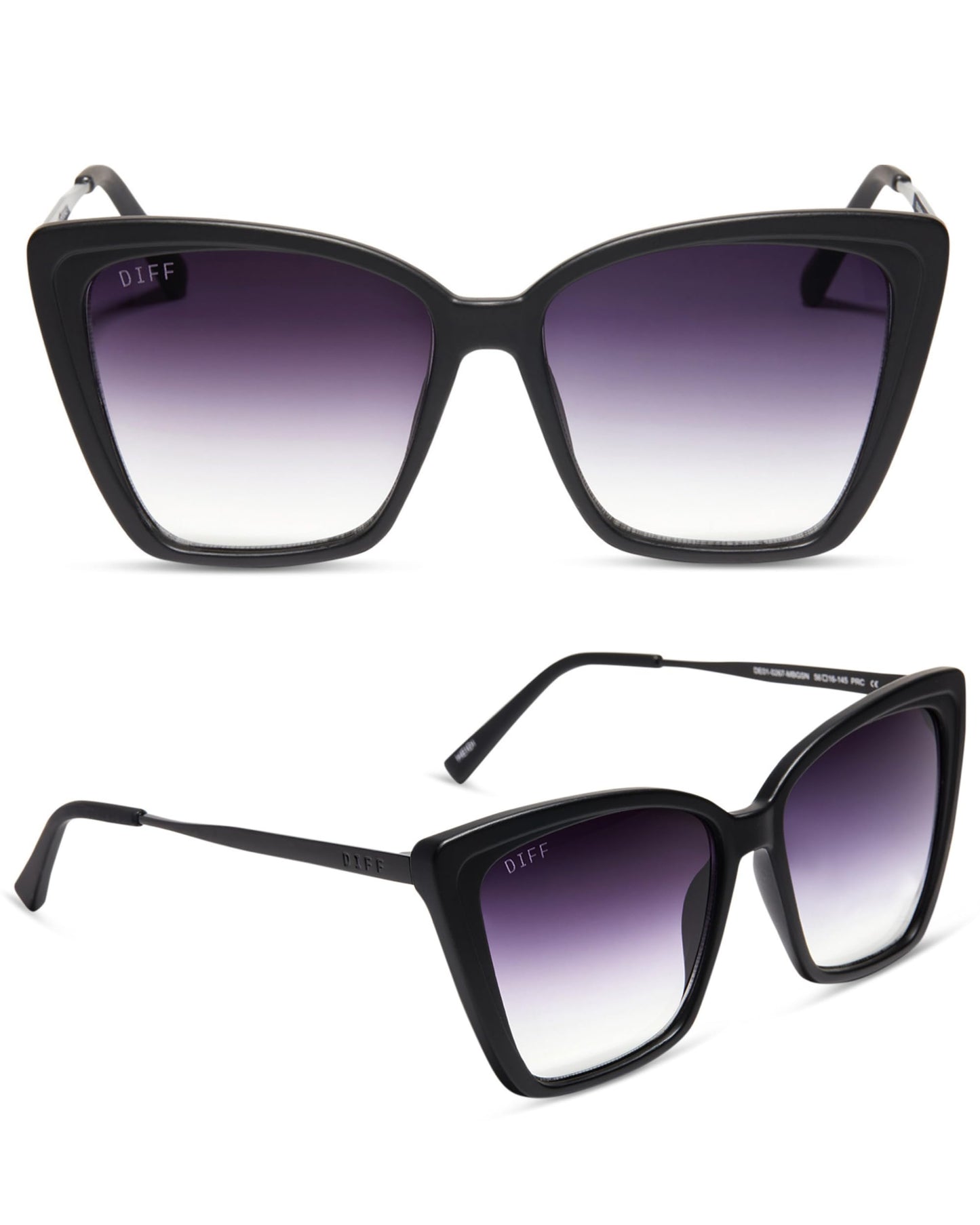 DIFF Heidi Lightweight Cat Eye Sunglasses for Women, Matte Black + Sharp Grey Gradient