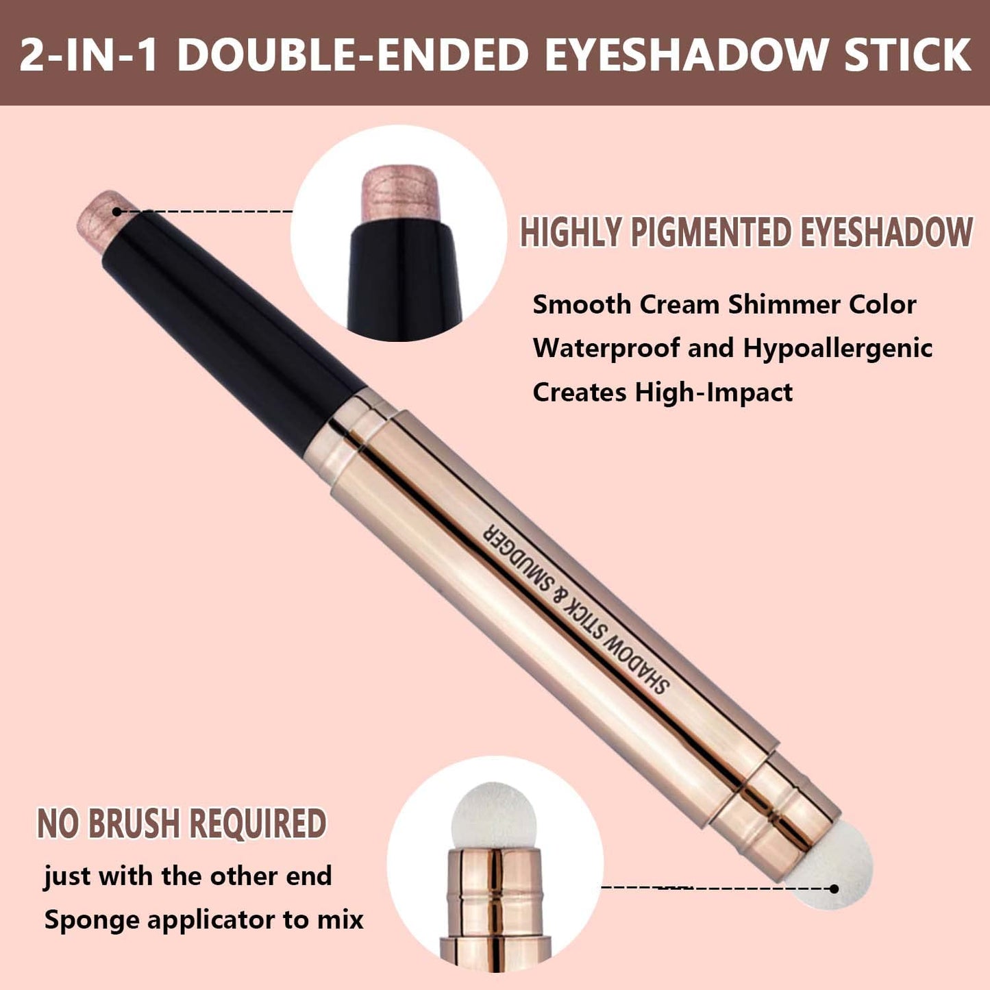 Rose Gold Eyeshadow Stick and Sponge Brush Cream Shimmer Smooth Eyeshadow Pencil Hypoallergenic Waterproof Eye Shadow Eyeliner Highlighter Stick
