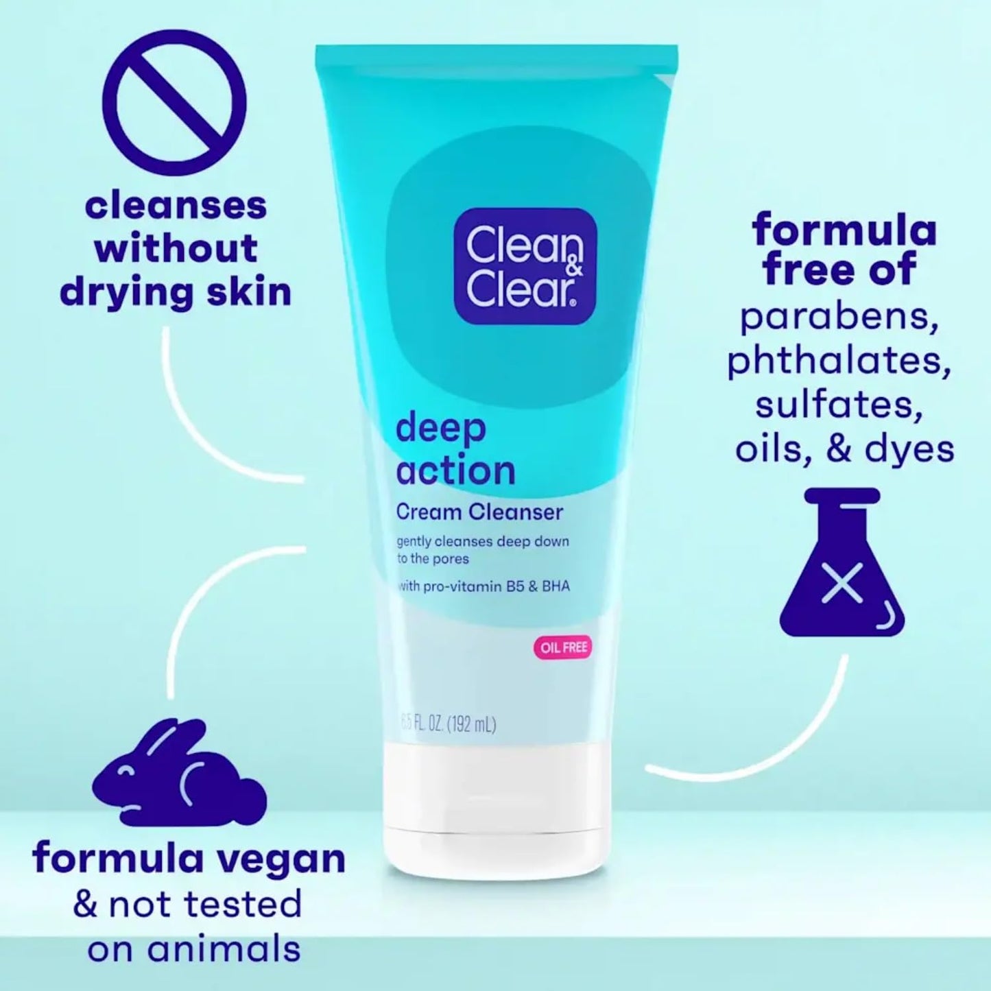 Clean & Clear Oil-Free Deep Action Cream Facial Cleanser with Salicylic Acid Acne Medication, Cooling Face Wash for Deep Pore Cleansing of Acne-Prone