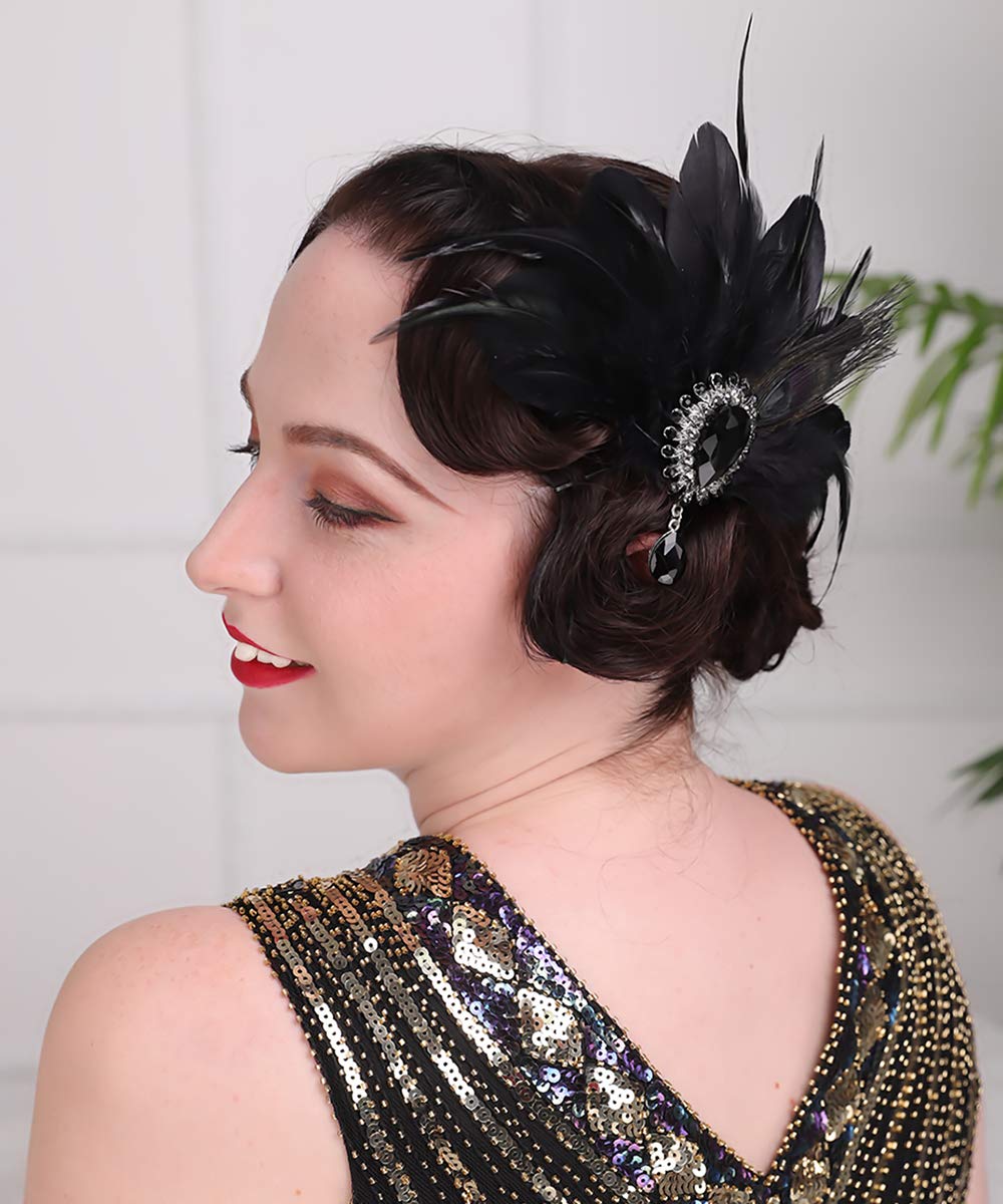 Aimimier 1920s Flapper Feather Hair Clip Black Roaring 20s Headpiece Costume Masquerade Hair Jewelry for Women and Girls (Style 1)