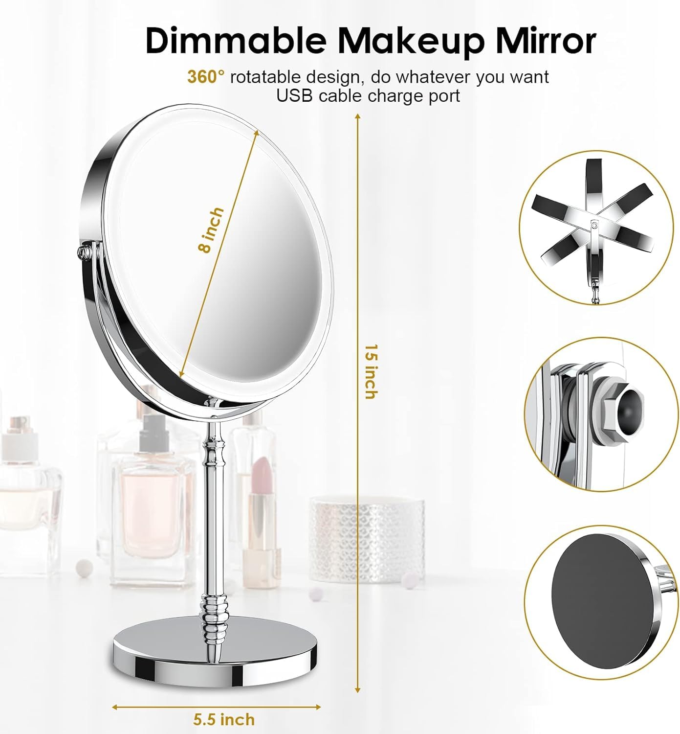Lighted Makeup Mirror – 3000mAh Rechargeable 1x/10x Magnifying Vanity Mirror with 3 Colors, Adjustable Brightness, 360° Rotation
