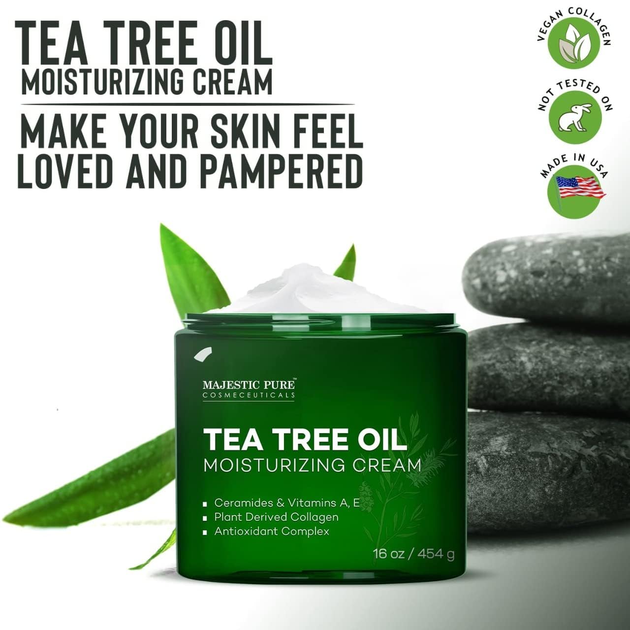 Majestic Pure Tea Tree Oil Moisturizing Cream - Body, Foot & Face Moisturizer - With Ceramides, Vitamins A E & Vegan Collagen - For Dry Skin, Oily